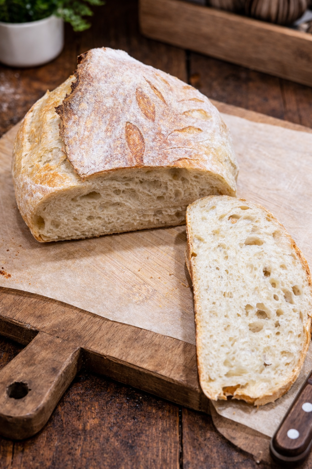 Sliced sourdough loaf with open crumb